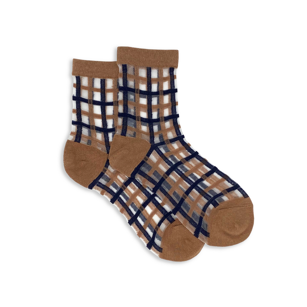 Sheer Plaid Ankle Socks: Navy/caramel