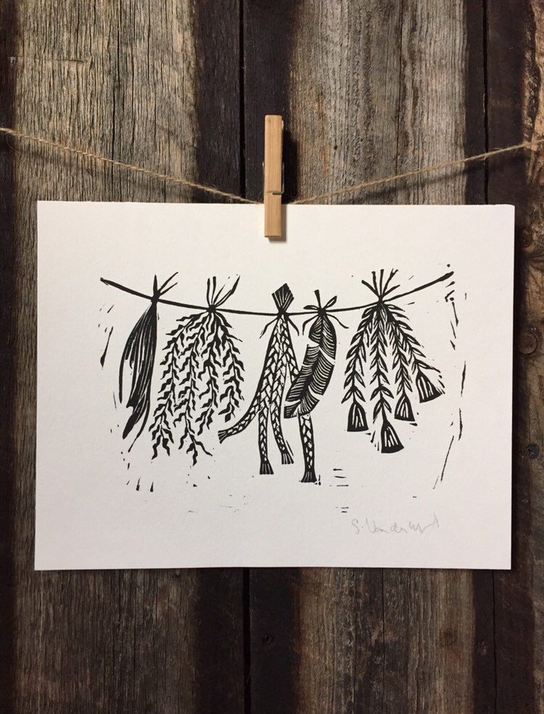 Sacred Herbs and Feathers Linocut Print