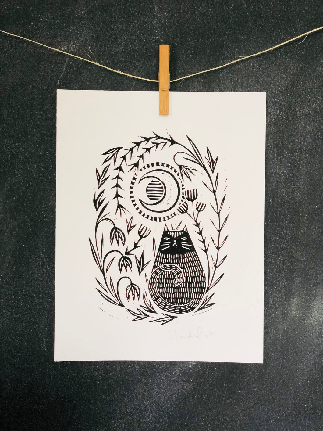 Moon Cat Linocut Print